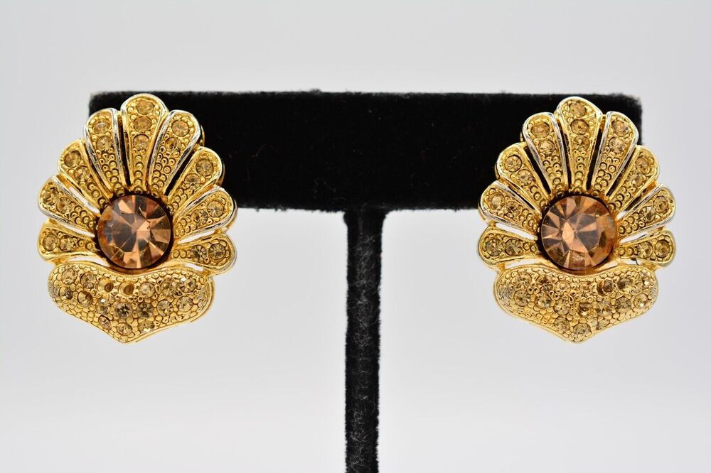 CY Vintage Clip Earrings Rhinestone Crystal Flower Orange Gold Shiny BinAG